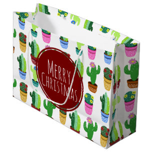 Merry Christmas Cactus Pattern Large Gift Bag