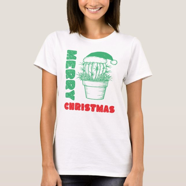 Merry Christmas, Cactus Santa Hat T-Shirt (Front)