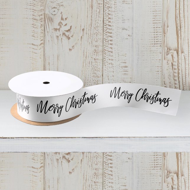 Merry Christmas Calligraphy Black White Holiday Satin Ribbon (Creator Uploaded)