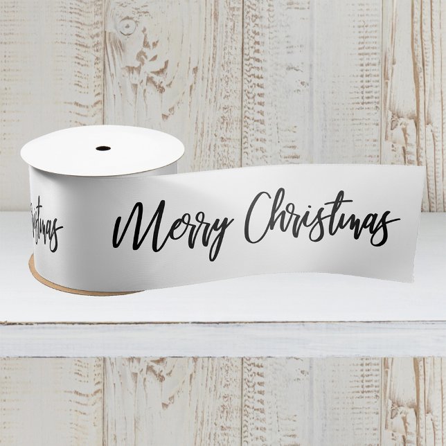 Merry Christmas Calligraphy Black White Holiday Satin Ribbon (Creator Uploaded)