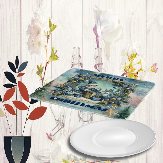 Merry Christmas Calligraphy Blue Elf Golden Decor Cutting Board (Merry Christmas Calligraphy Blue Elf Golden Decor Cutting Board)