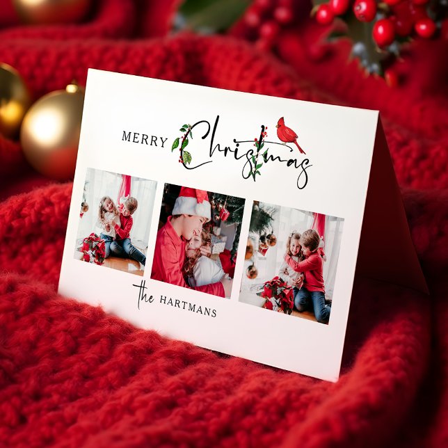 Merry Christmas Calligraphy Botanical 3 Photo Holiday Card (Creator Uploaded)