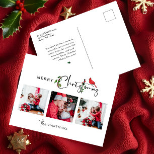 Merry Christmas Calligraphy Botanical 3 Photo Holiday Postcard