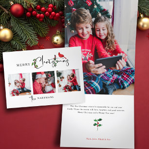 Merry Christmas Calligraphy Botanical 3 Photo Tri-Fold Holiday Card