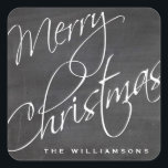 Merry Christmas Calligraphy Chalkboard Custom Square Sticker<br><div class="desc">An festive Merry Christmas sticker featuring a calligraphy script font set against a black chalkboard background.  The perfect sticker for your holiday packages and gifts.  Add your name to customise.</div>