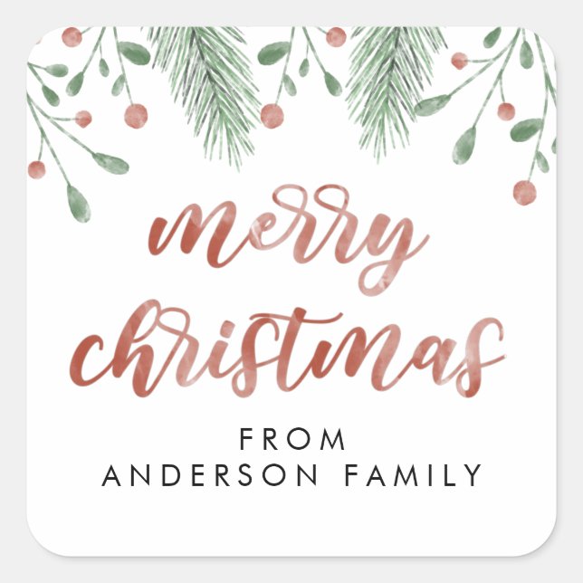 Merry Christmas Calligraphy Cherry Botanical Square Sticker (Front)