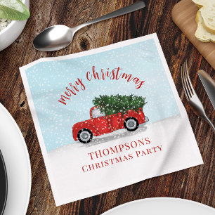Merry Christmas Calligraphy Cute Rustic Red Truck Napkin