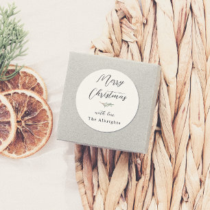 Merry Christmas Calligraphy & Family Name Pine Classic Round Sticker