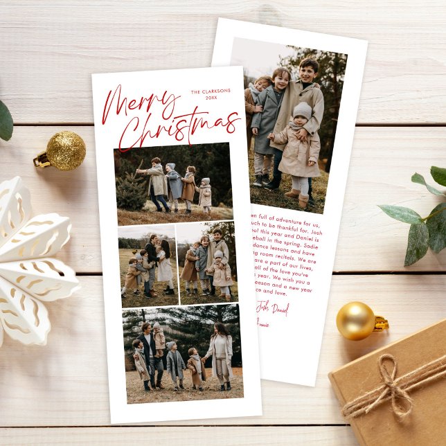 Merry Christmas Calligraphy Five Slim Photo Holiday Card (Creator Uploaded)