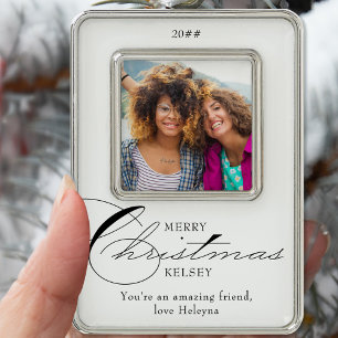 Merry Christmas Calligraphy Friend Photo Silver Plated Framed Ornament