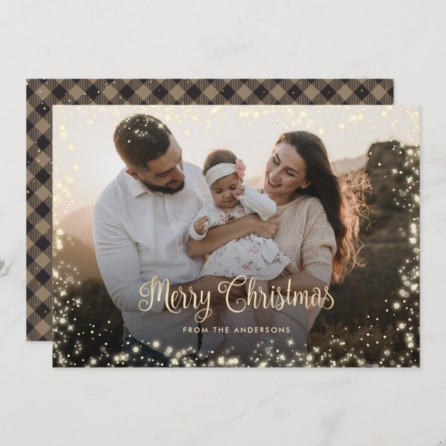 Merry Christmas Calligraphy Gold Snow Lights Photo Holiday Card (Front/Back)