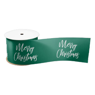 Merry Christmas Calligraphy Green Holiday Satin Ribbon