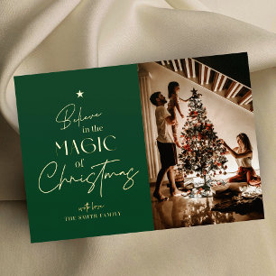 Merry Christmas Calligraphy Green Photo Foil Card