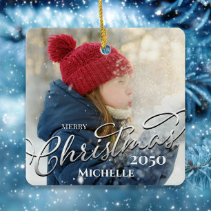 Merry Christmas Calligraphy Navy Blue Plaid Photo Ceramic Ornament