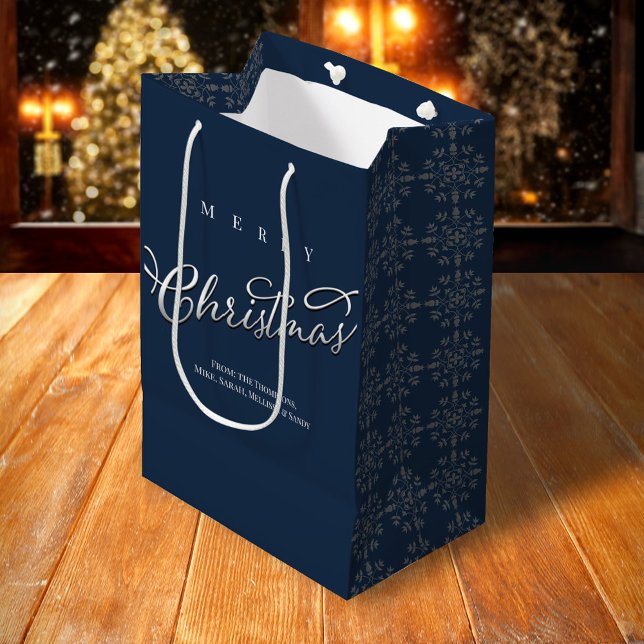 Merry Christmas Calligraphy Navy Blue Snowflake Medium Gift Bag (Merry Christmas holiday snowflake pattern silver calligraphy script gift bag)