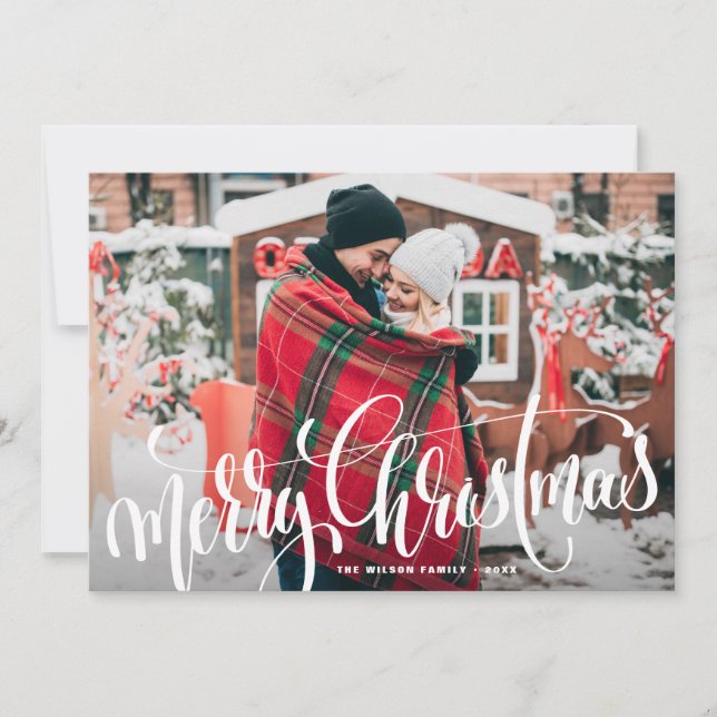 Merry Christmas Calligraphy Overlay Photo Holiday Card (Front)