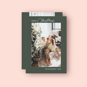 Merry Christmas Calligraphy Photo Green Holiday Card
