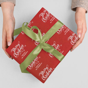 Merry Christmas Calligraphy Red and White Wrapping Paper Sheet