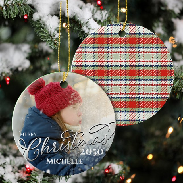 Merry Christmas Calligraphy Red Green Plaid Photo Ceramic Ornament (Merry Christmas red and green plaid pattern photo ornament.)