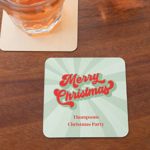 Merry Christmas Calligraphy Red Green Whimsical Square Paper Coaster