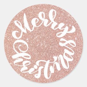 Merry Christmas Calligraphy Rose Gold Glitter Classic Round Sticker