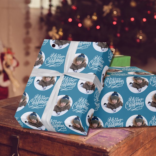 Merry Christmas Calligraphy Round Photo Blue Wrapping Paper (Creator Uploaded)