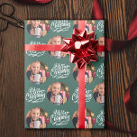 Merry Christmas Calligraphy Round Photo Green Wrapping Paper<br><div class="desc">Photo wrapping paper, personalised with your picture and hand lettered with Merry Christmas in brushed calligraphy. The photo template is set up to display your picture in a round shape. If you have any problems with picture placement, try cropping your photo to a square and re-uploading it. The background colour...</div>