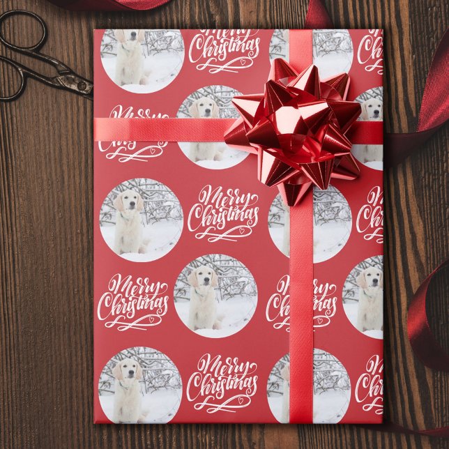 Merry Christmas Calligraphy Round Photo Red Wrapping Paper (Creator Uploaded)