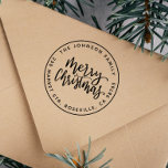 Merry Christmas Calligraphy Round Return Address Rubber Stamp<br><div class="desc">The perfect addition to your holiday mail! The Merry Christmas Calligraphy Round Return Address stamper features hand-lettered script calligraphy, round typography, and a circle border. A classic design with a modern twist! Add your custom wording by clicking on "Personalise this template". For more advanced changes (like fonts and placement), select...</div>