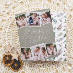 Merry Christmas Calligraphy Sage Green 6 Photos Foil Holiday Card<br><div class="desc">Give your Christmas cards a sparkle with real gold, silver, or rose gold foil! Spread holiday cheer with this charming sage green Christmas photo foil card! The front features “Merry Christmas” in real foil playful handwritten calligraphy, with your family name and the year tucked into one of the flourishes. Add...</div>