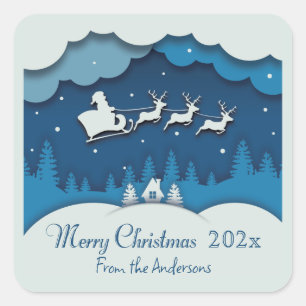 Merry Christmas Calligraphy Santa Sleigh Reindeer Square Sticker