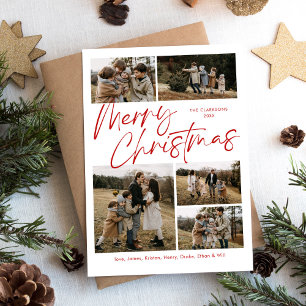Merry Christmas Calligraphy Script 5 Photo Plaid Holiday Card