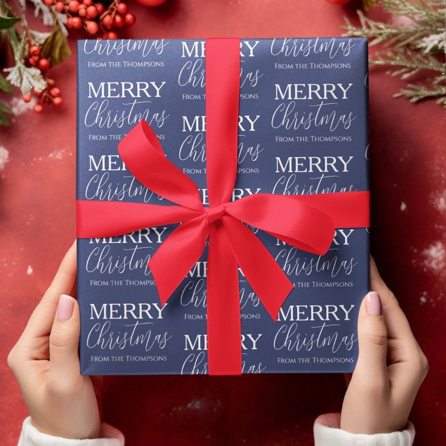Merry Christmas Calligraphy Script Blue Whimsical  Wrapping Paper (Merry Christmas calligraphy script navy blue wrapping paper)