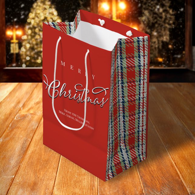 Merry Christmas Calligraphy Script Cute Red Plaid Medium Gift Bag (Merry Christmas holiday red and green plaid pattern gift bag.)