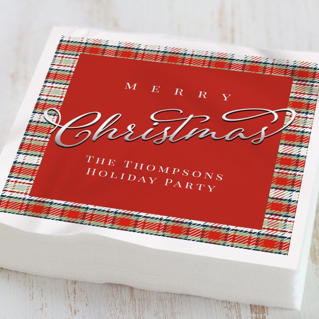 Merry Christmas Calligraphy Script Cute Red Plaid Napkin (Merry Christmas Festive Holiday Plaid Custom Cocktail Napkins)
