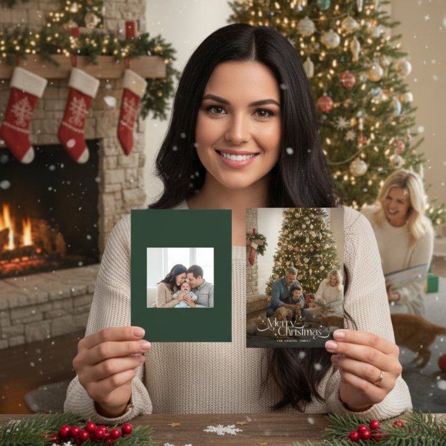 Merry Christmas Calligraphy Script Family Photo Holiday Card (Creator Uploaded)