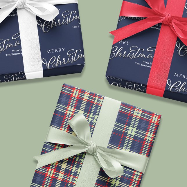Merry Christmas Calligraphy Script Navy Blue Cute Wrapping Paper Sheet (Merry Christmas navy blue and plaid pattern wrapping paper sheets. )