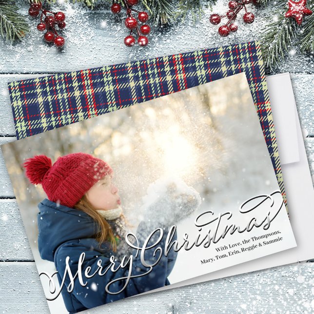 Merry Christmas Calligraphy Script Navy Blue Plaid Holiday Card (Merry Christmas Calligraphy Script photo greeting card)