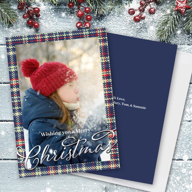 Merry Christmas Calligraphy Script Navy Blue Plaid Holiday Card (Merry Christmas Navy Blue photo template card. )