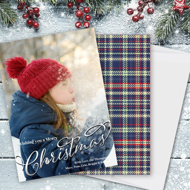 Merry Christmas Calligraphy Script Navy Blue Plaid Holiday Card (Merry Christmas calligraphy elegant silver script. )