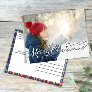 Merry Christmas Calligraphy Script Navy Blue Plaid Holiday Postcard