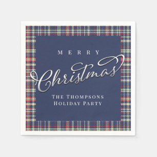 Merry Christmas Calligraphy Script Navy Blue Plaid Napkin
