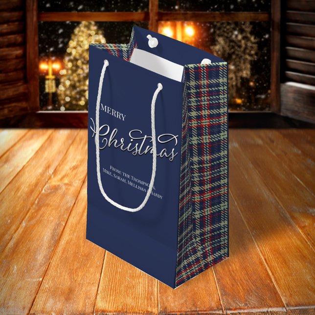 Merry Christmas Calligraphy Script Navy Blue Plaid Small Gift Bag (Merry Christmas navy blue, red, and green plaid pattern gift bag.)