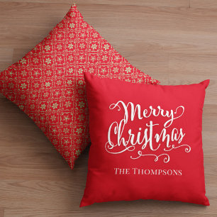 Merry Christmas Calligraphy Script Red Snowflake  Cushion