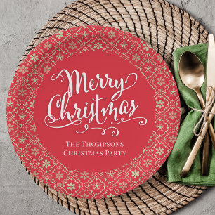 Merry Christmas Calligraphy Script Red Snowflake Paper Plate