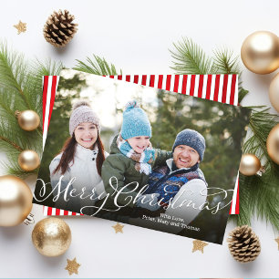 Merry Christmas Calligraphy Script Red Striped Holiday Card