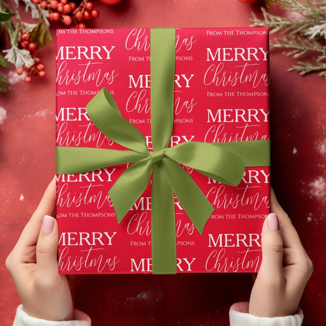 Merry Christmas Calligraphy Script Red Whimsical  Wrapping Paper (Merry Christmas calligraphy script custom wrapping paper. )