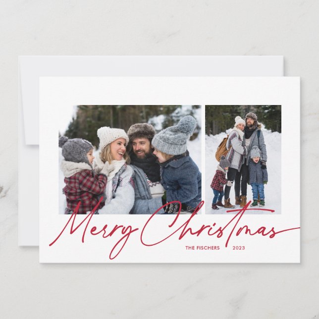 Merry Christmas Calligraphy Script Simple 4 Photo Holiday Card (Front)