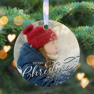 Merry Christmas Calligraphy Silver Snowflake Photo Ceramic Ornament