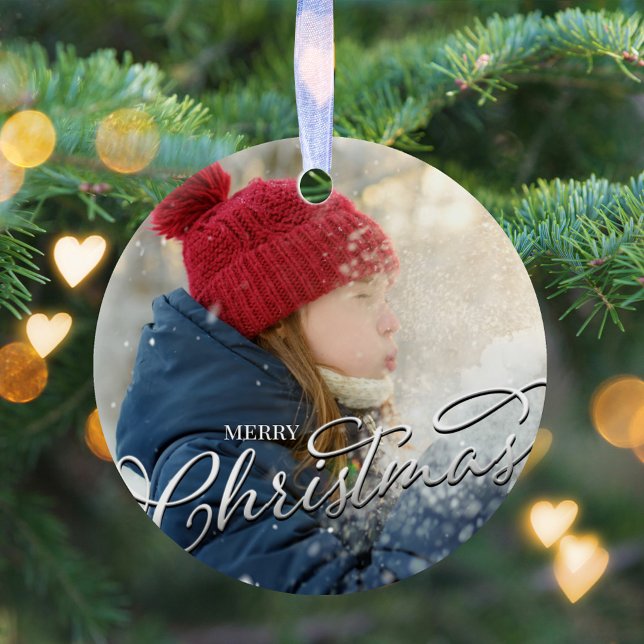 Merry Christmas Calligraphy Silver Snowflake Photo Ceramic Ornament (Merry Christmas holiday silver calligraphy script ceramic photo ornament. )